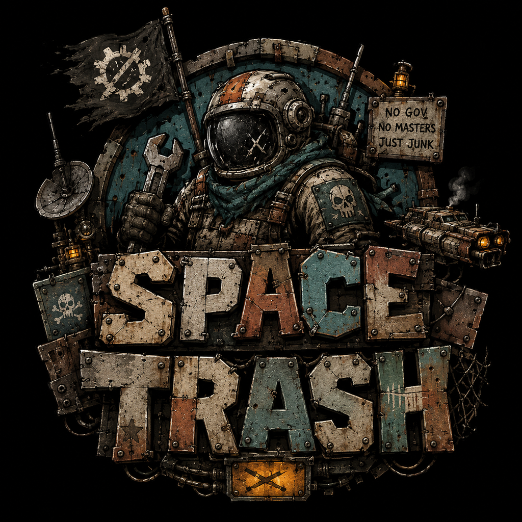 SpaceTrash astronaut holding a wrench beneath the SpaceTrash insignia
